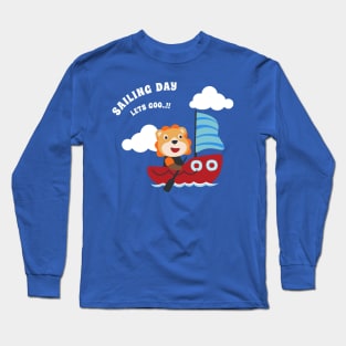 Funny lion sailor cartoon vector on little boat with cartoon style. Long Sleeve T-Shirt